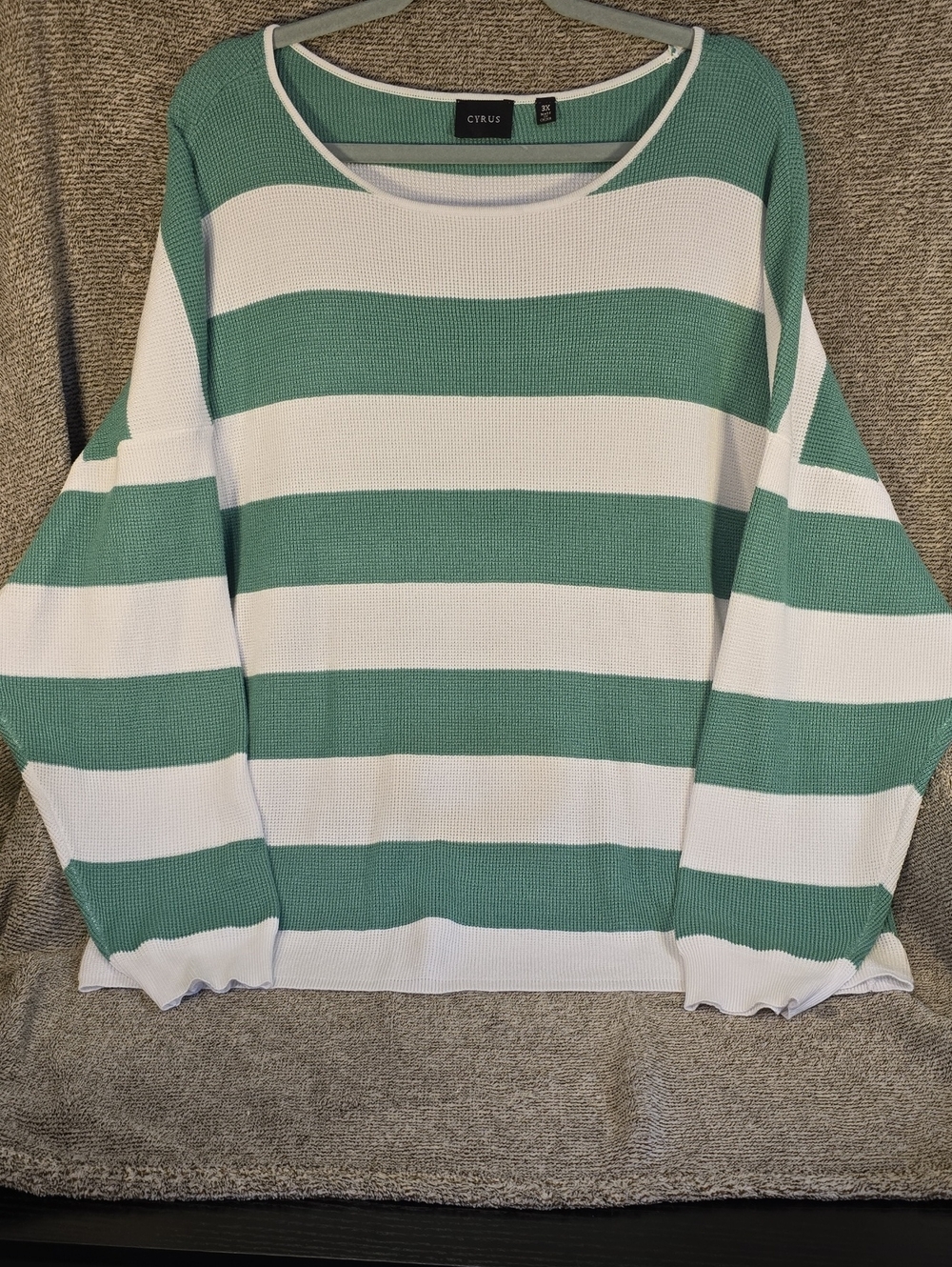 Cyrus Mint Green and White Striped Crewneck Sweater